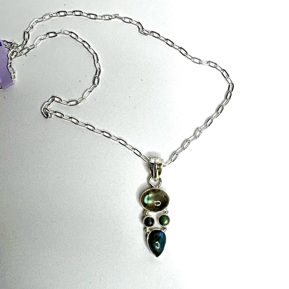 Labradorite Natural Gemstone Sterling Silver Pendant on 18 inch Chain